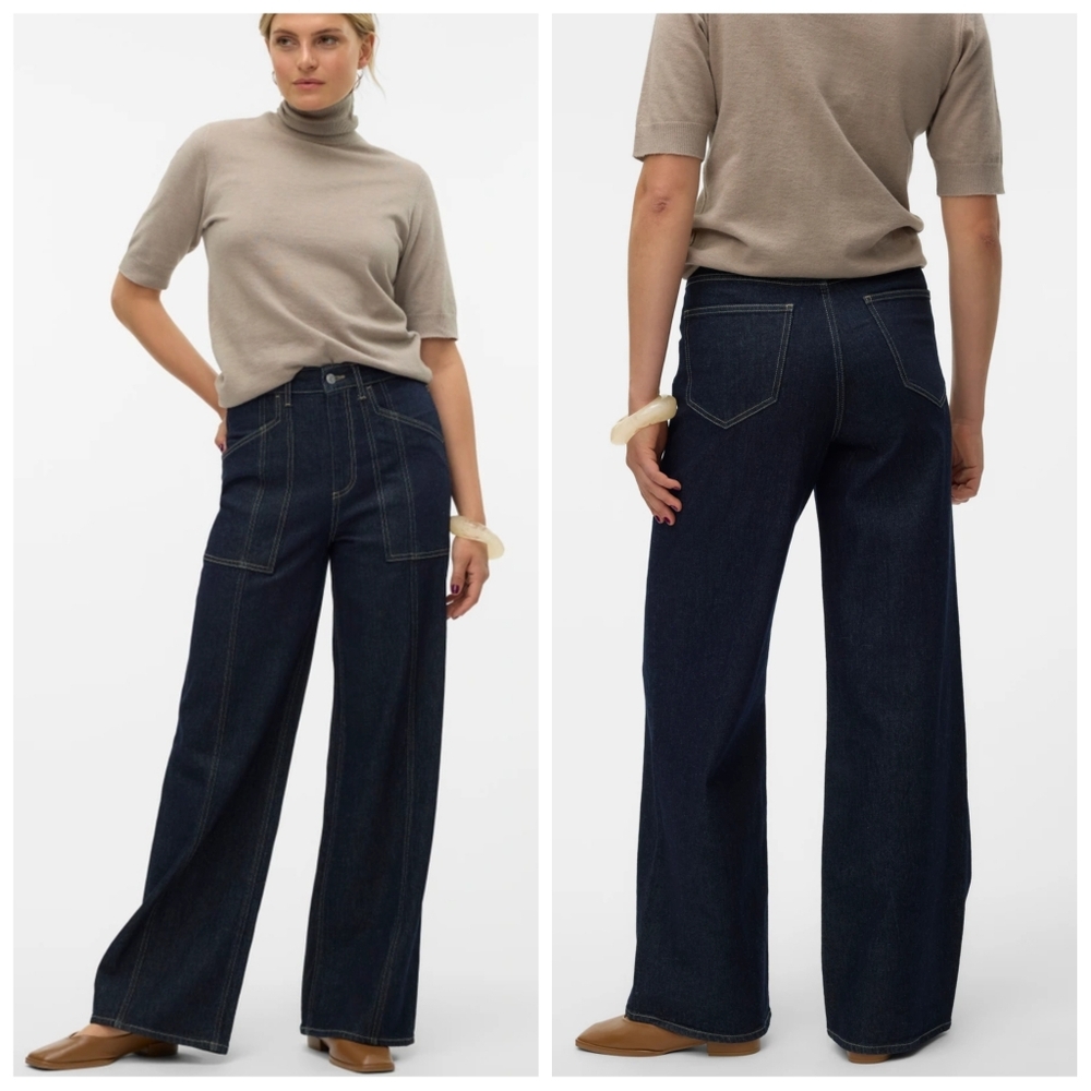 Vera Moda Kathy Wide Leg Cargo Jeans Dark Blue High Rise 31/32 NWT